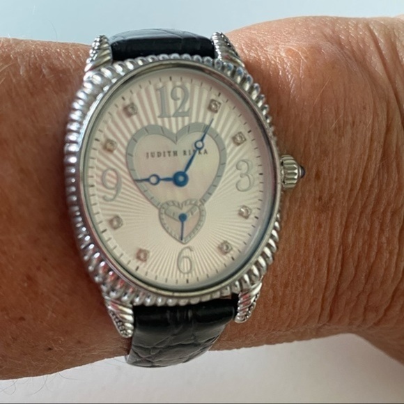 Judith Ripka 925 Sterling Silver Heart Watch Black Leather Band